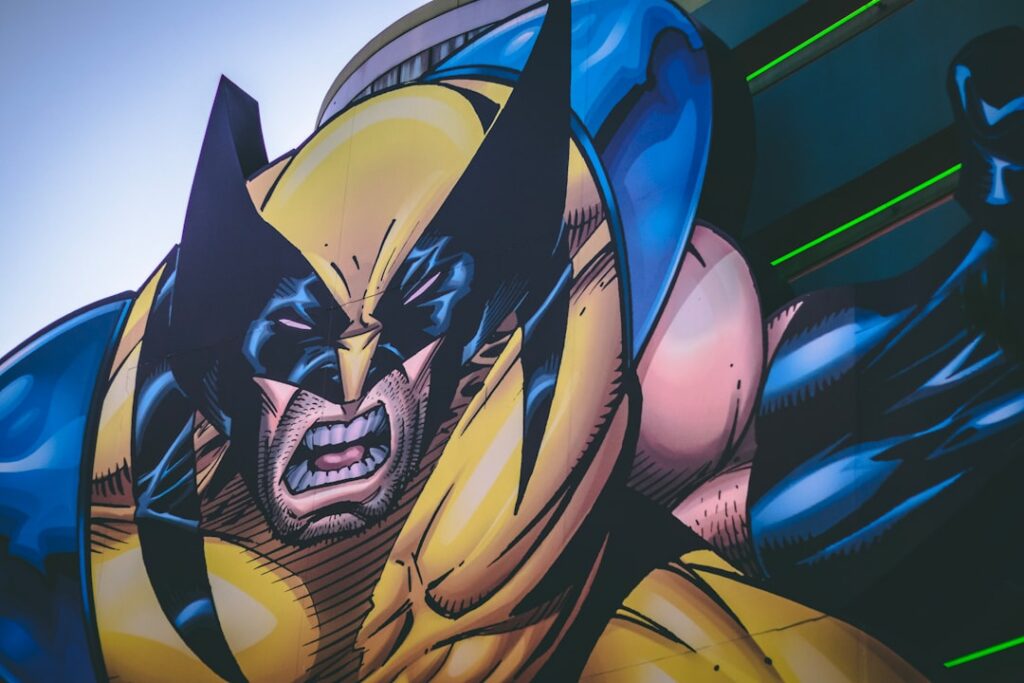 Hugh Jackman performing as Wolverine in a fierce stance with claws extended against a dark intense background