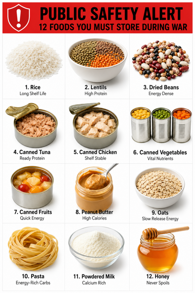 A grid of 12 emergency food items each with a number name and benefit descriptor against a white background with a red P