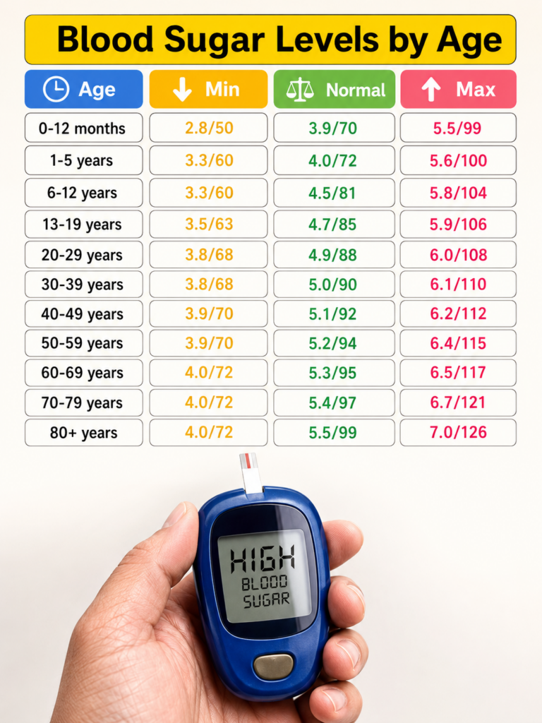 An infographic displaying a table of blood sugar levels by age showing minimum normal and maximum ranges for different a
