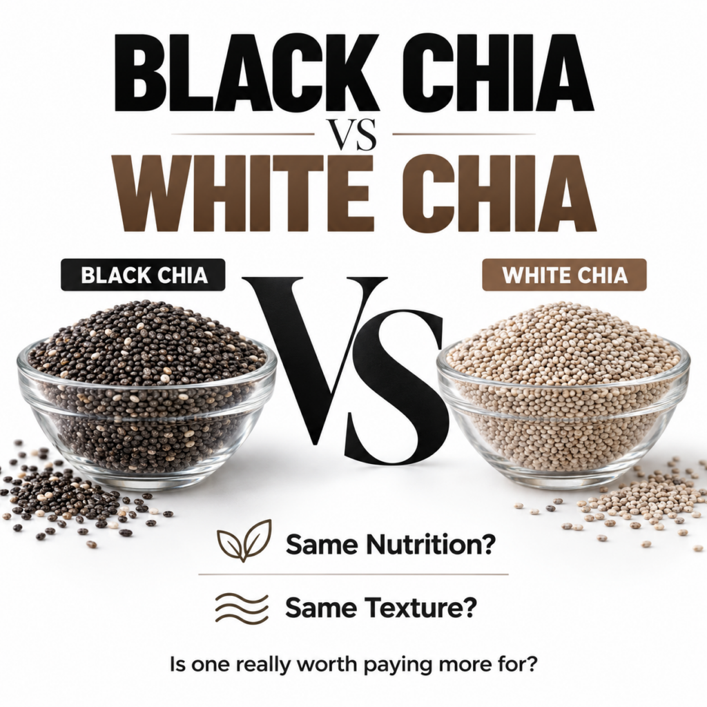 Black chia seeds vs white chia seeds in bowls with a VS graphic between them