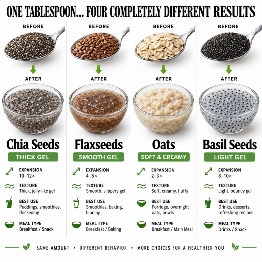 A visually organized infographic comparing dry and hydrated states of chia seeds flaxseeds oats and basil seeds with des
