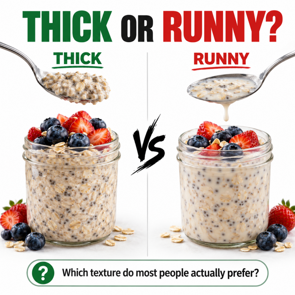 A visual comparison of thick and runny overnight oats in two glass jars garnished with blueberries and strawberries The 