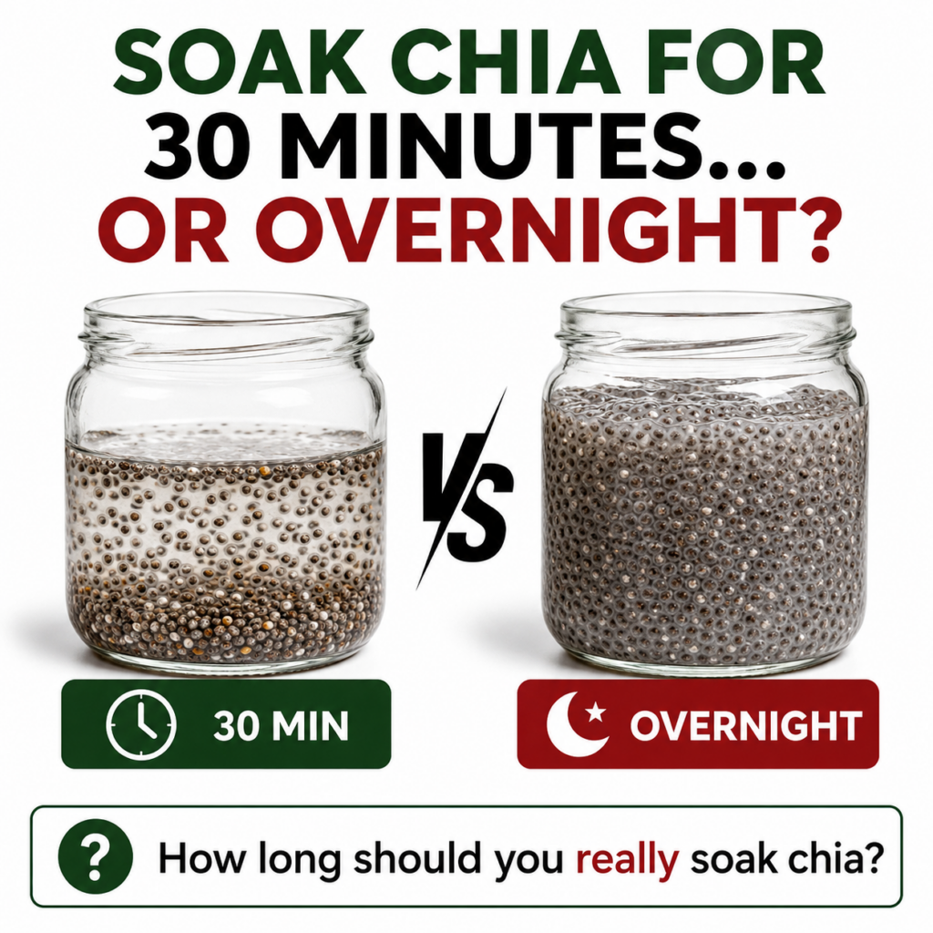 A visual comparison of two jars one with chia seeds soaked for 30 minutes less gelled and another with chia seeds soaked