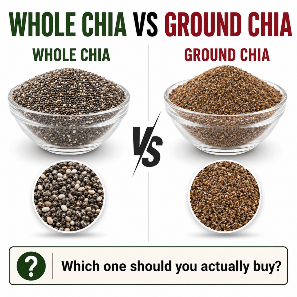 A visual comparison of whole chia seeds and ground chia seeds with separate bowls for each and magnified close-ups again
