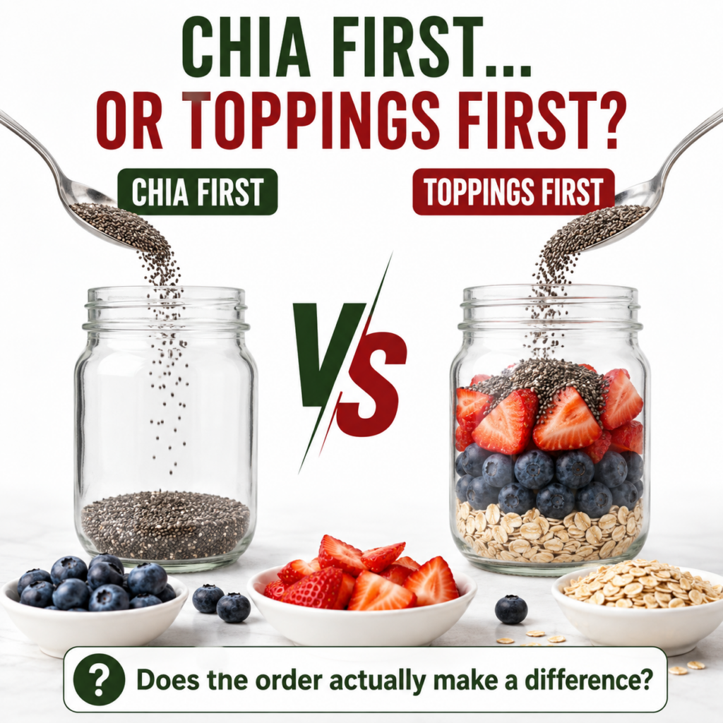 Two glass mason jars comparing chia first method vs toppings first method for preparing breakfast with chia seeds oats a