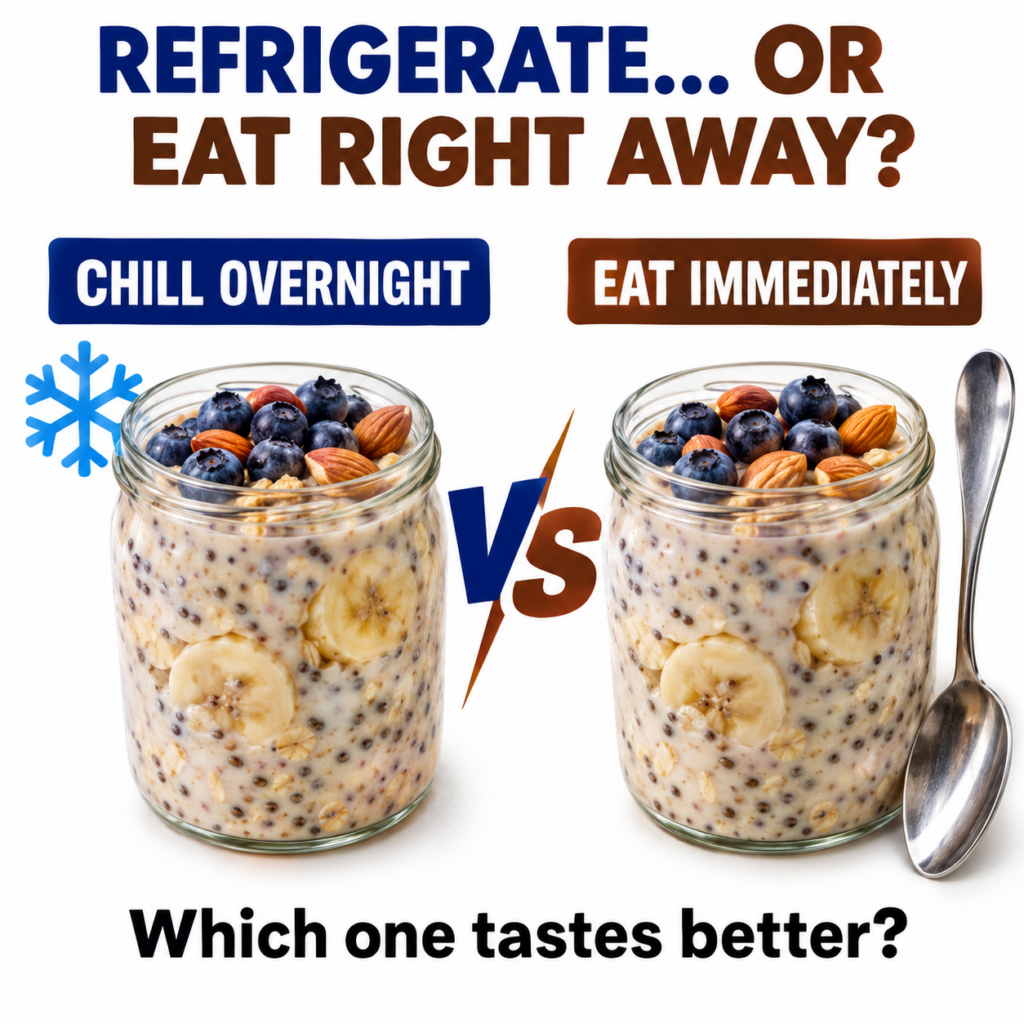 A side-by-side comparison of two glass jars of chia seed pudding one labeled Chill Overnight and the other Eat Immediate