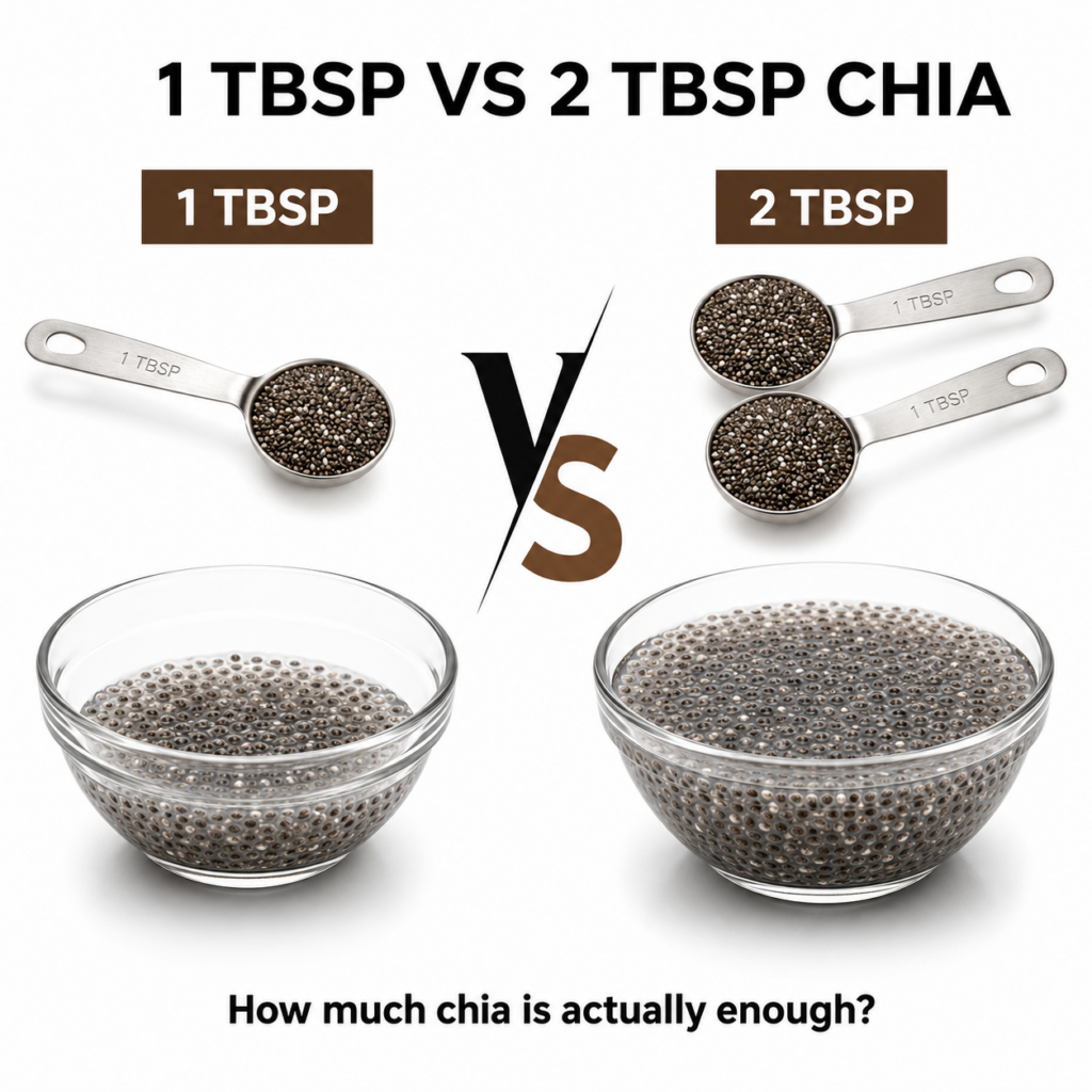 A side-by-side comparison image showing 1 tablespoon of dry chia seeds in a spoon above a small bowl of hydrated chia ne