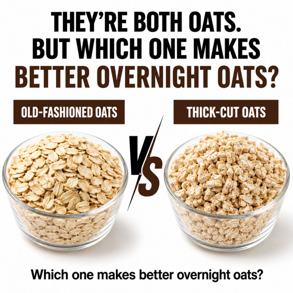Comparison of old-fashioned oats versus thick-cut oats in clear glass bowls for making overnight oats with VS in between