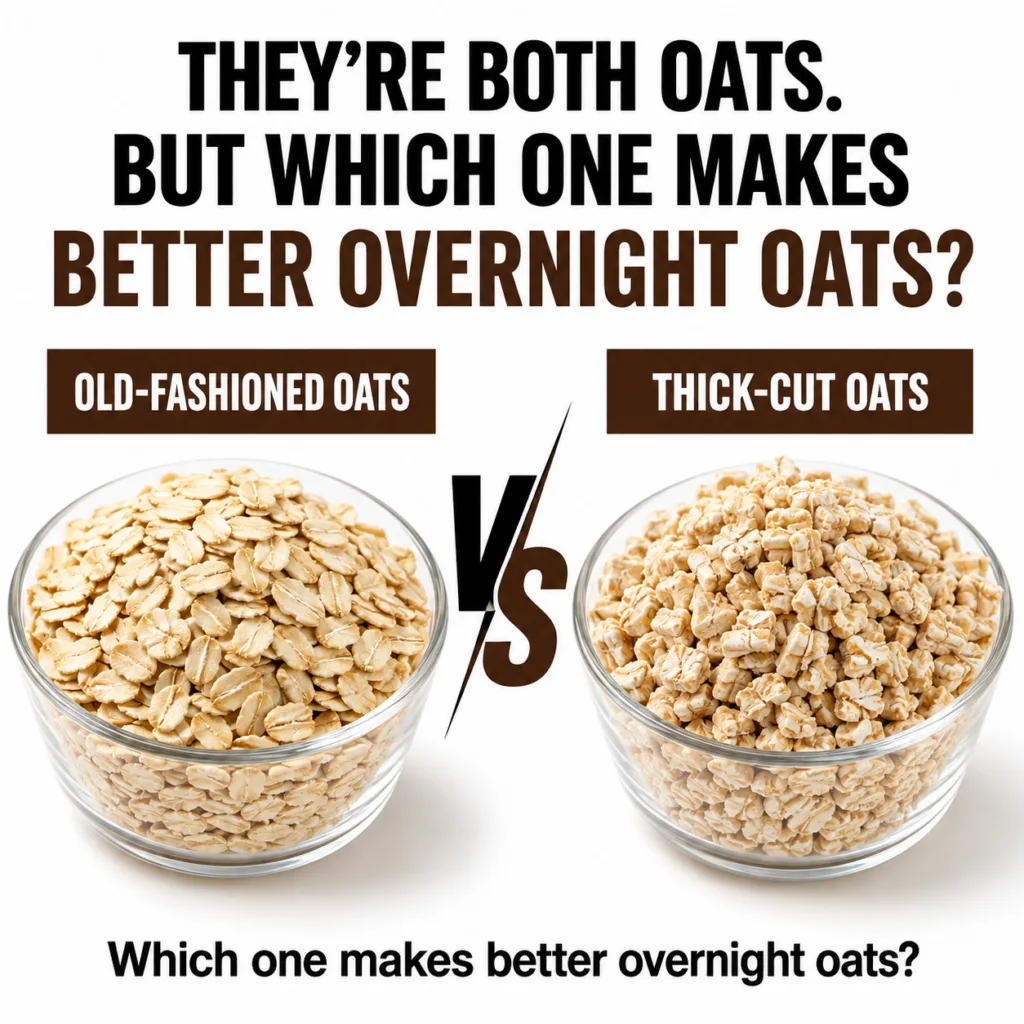 Comparison of old-fashioned oats versus thick-cut oats in clear glass bowls for making overnight oats with VS in between