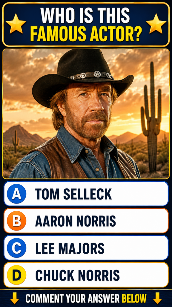 Chuck Norris in a cowboy hat denim shirt and leather vest set against a desert sunset background with saguaro cacti