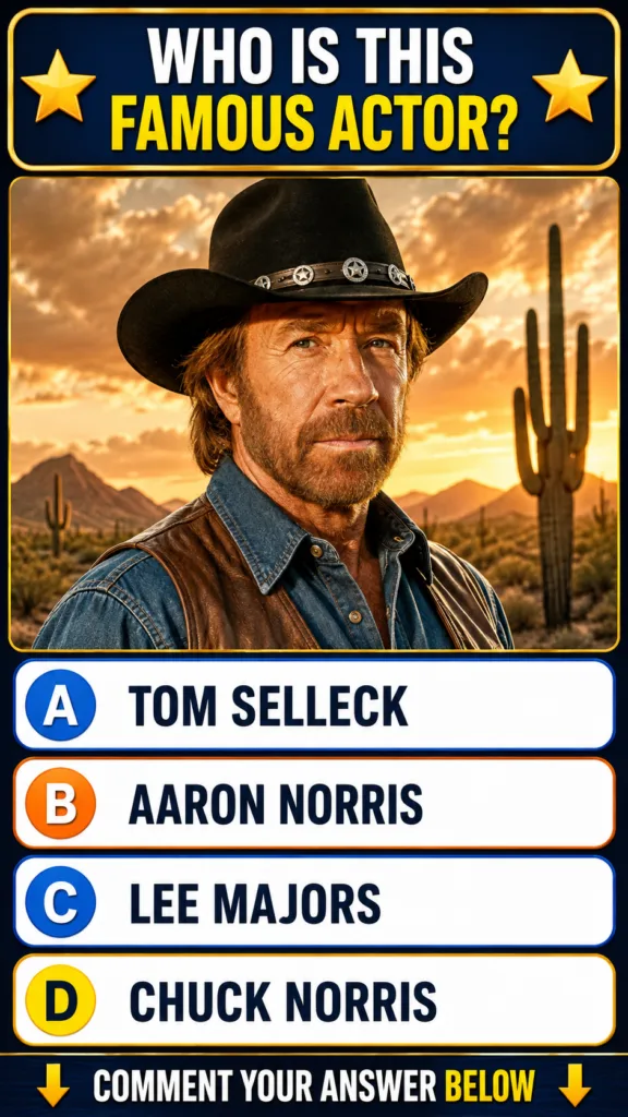 Chuck Norris in a cowboy hat denim shirt and leather vest set against a desert sunset background with saguaro cacti