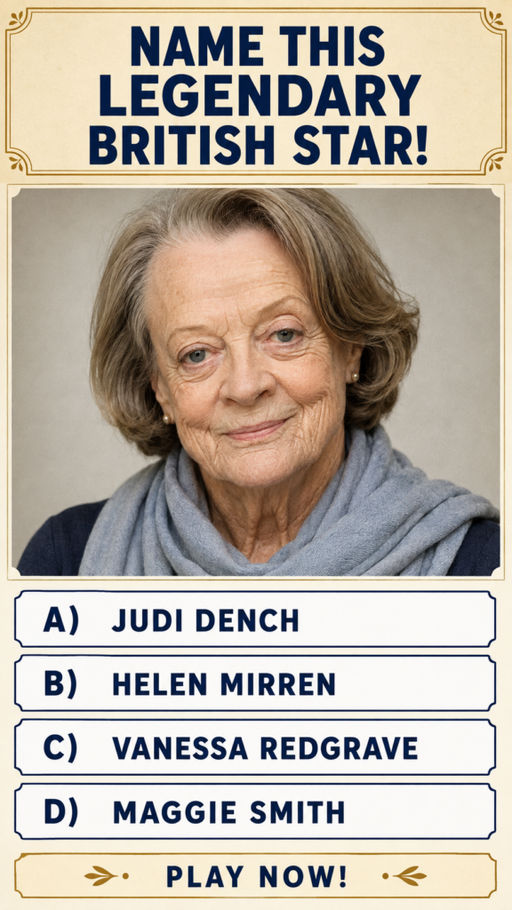 A close-up portrait of Dame Maggie Smith with a gentle knowing smile She has short softly waved grey and light brown hai
