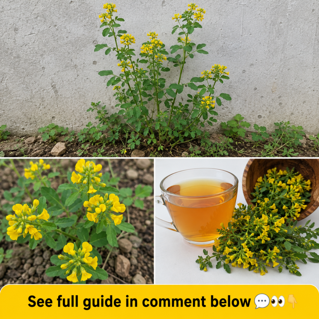 A multi-panel collage showing St John s Wort growing a close-up of its flowers and a prepared cup of tea alongside fresh