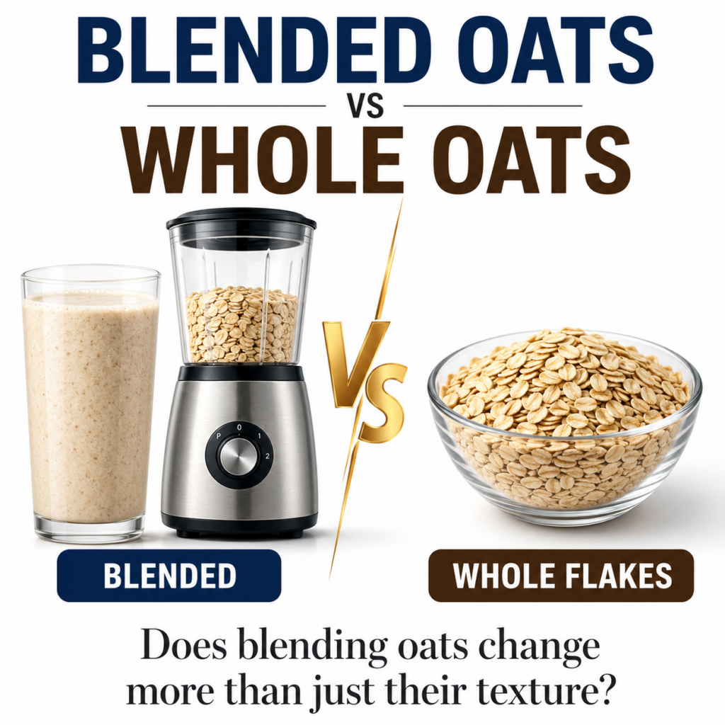 A visual comparison of blended oats in a glass and whole oat flakes in a bowl with a blender in the background symmetric