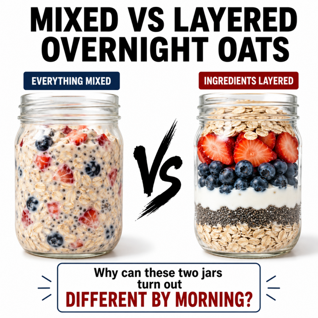 A visual comparison of two jars of overnight oats one where all ingredients are mixed and another where they are layered