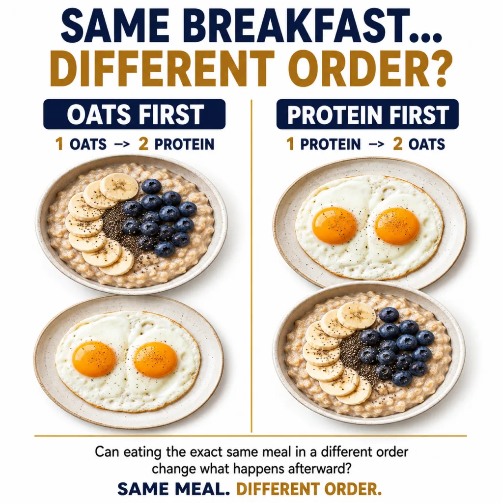 A split image comparing two breakfast strategies on one side a bowl of oatmeal then fried eggs on the other fried eggs t