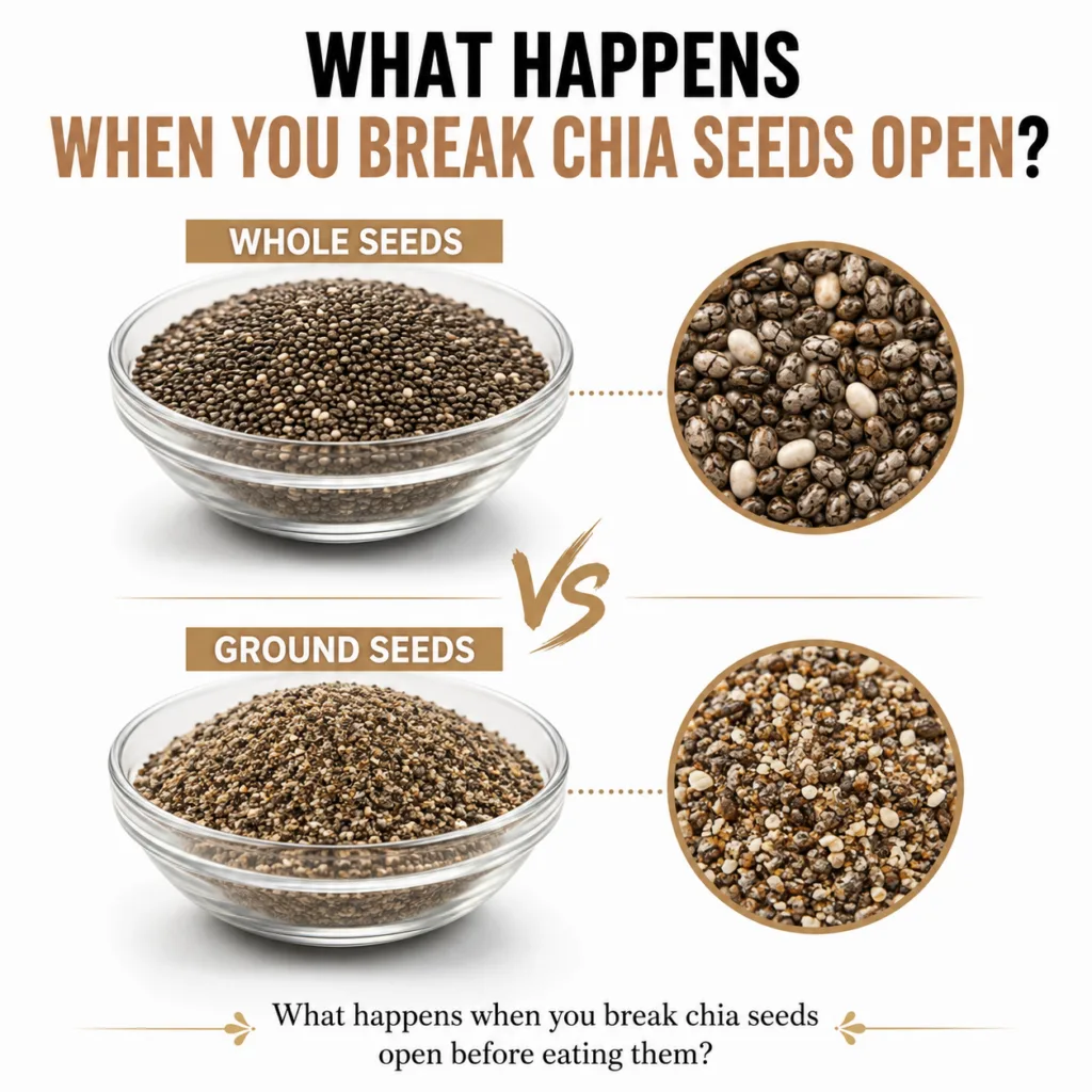 A visual comparison of whole chia seeds and ground chia seeds in clear glass bowls with magnified insets showing their d