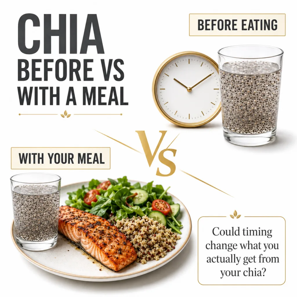 A glass of chia seeds soaking in water next to a golden desk clock emphasizing the before meal timing