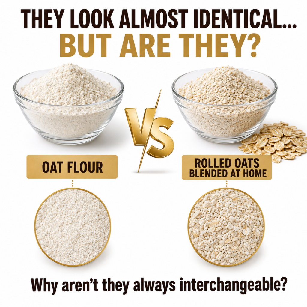 A side-by-side comparison of a bowl of fine oat flour and a bowl of coarser home-blended rolled oats with whole rolled o