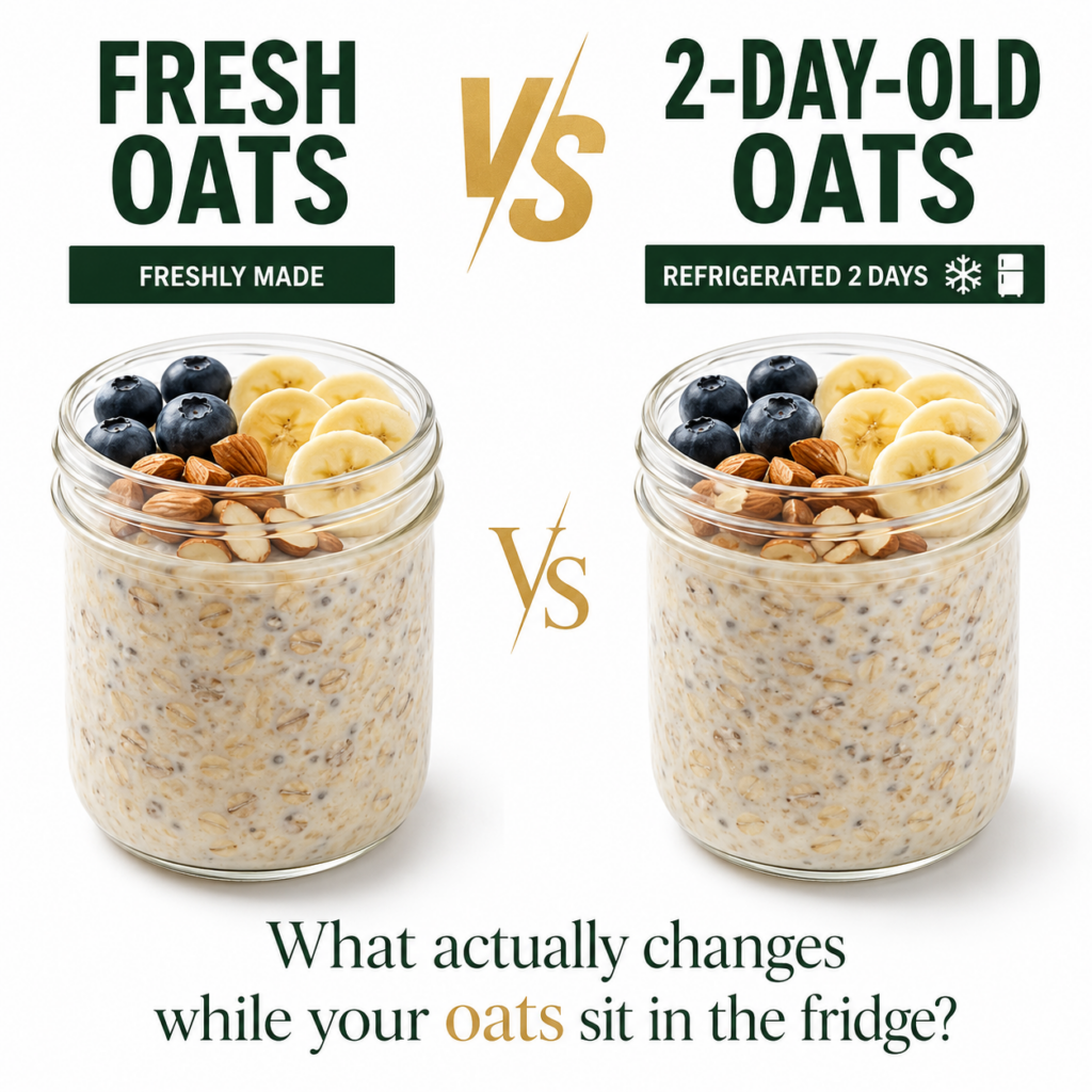 A side-by-side comparison of two jars of overnight oats one labeled FRESH OATS and the other 2-DAY-OLD OATS both with id