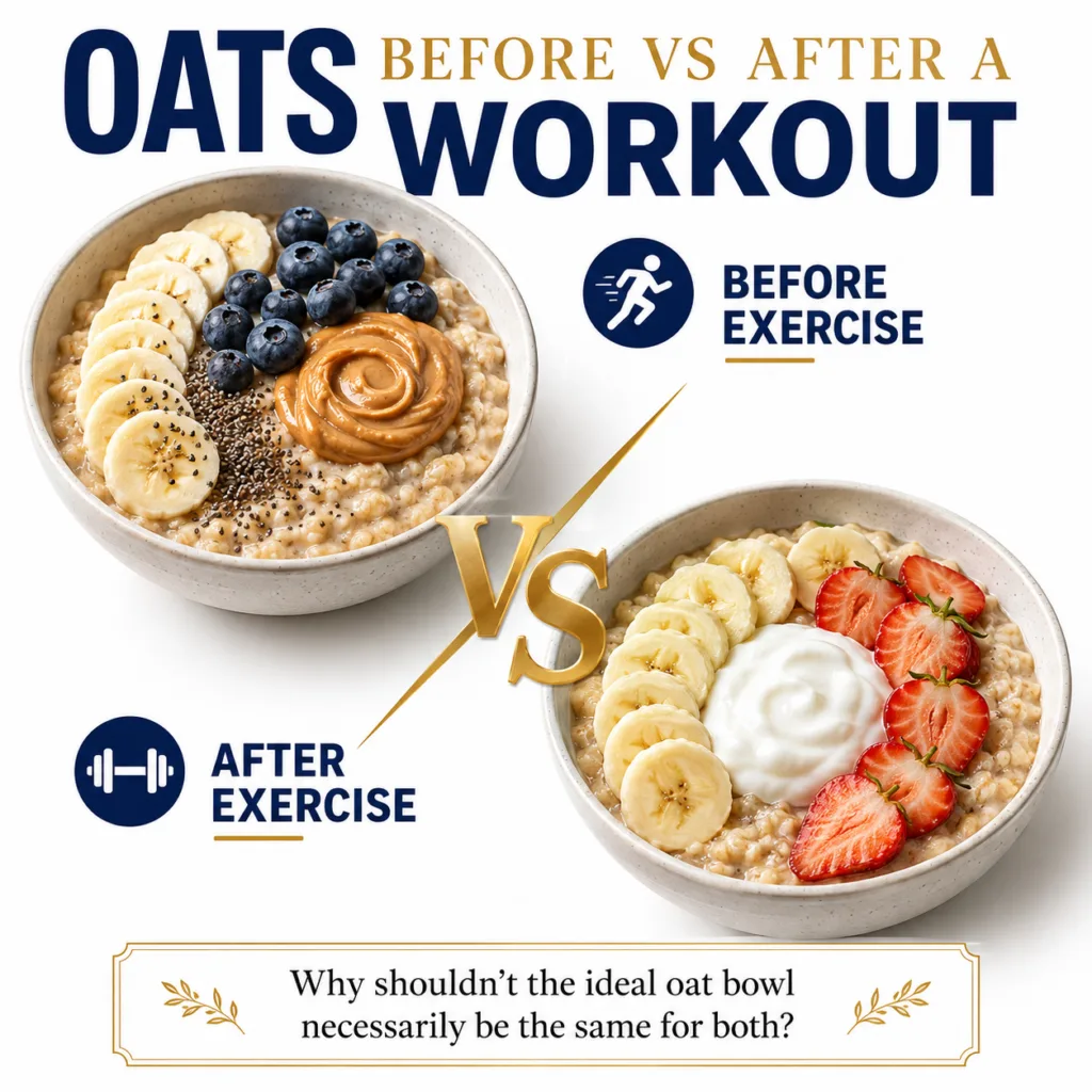 A split image comparing two oatmeal bowls one for Before Exercise with banana blueberries chia seeds and peanut butter a