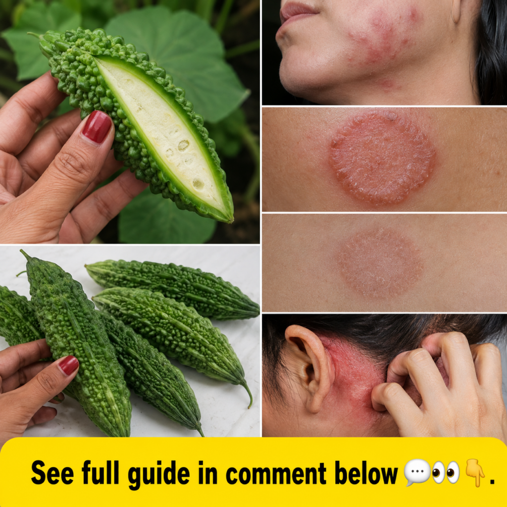 A multi-panel collage contrasting bitter melon with various skin conditions like acne ringworm and eczema with a call-to