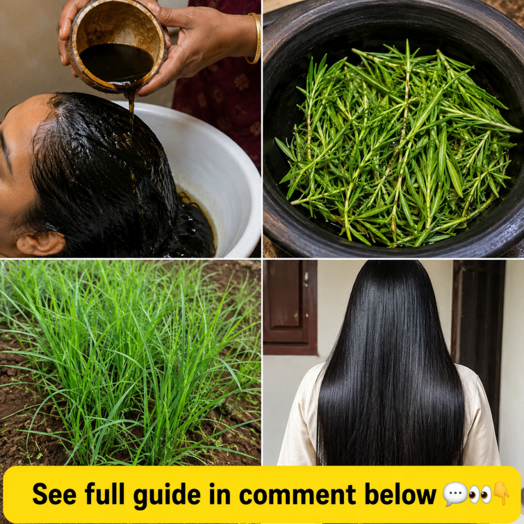 A four-panel collage illustrating the use of rosemary for hair Top-left shows liquid being poured on hair top-right show