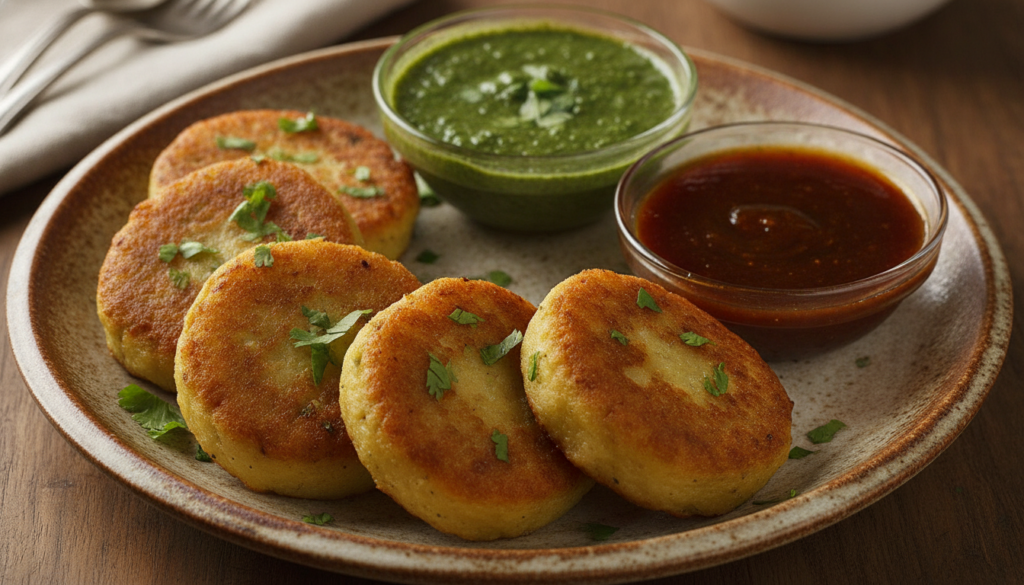 Golden-brown aloo tikki potato patties garnished with cilantro and served with a side of green chutney and tamarind chut