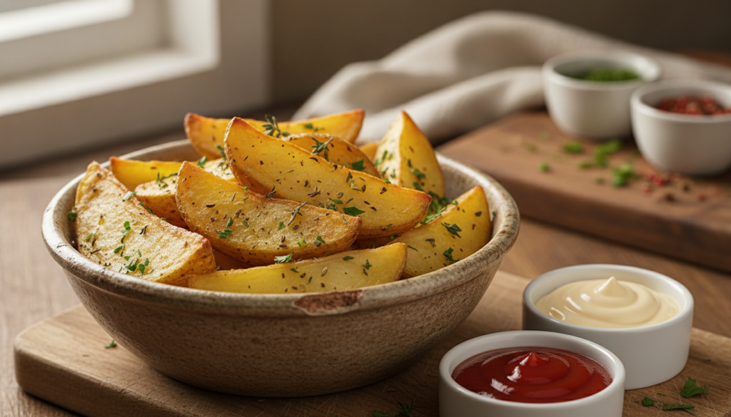 Crispy baked potato wedges seasoned with herbs served in a rustic bowl with a small side of ketchup and mayo for dipping