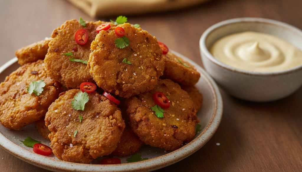 Spicy potato fritters golden and slightly irregular in shape piled on a small plate with a sprinkle of fresh chopped chi