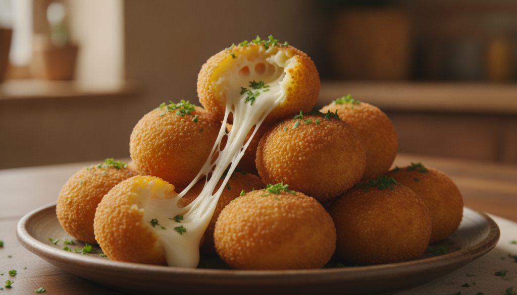Golden-brown crispy potato cheese balls piled on a serving plate with a few broken open to reveal melted stretchy mozzar
