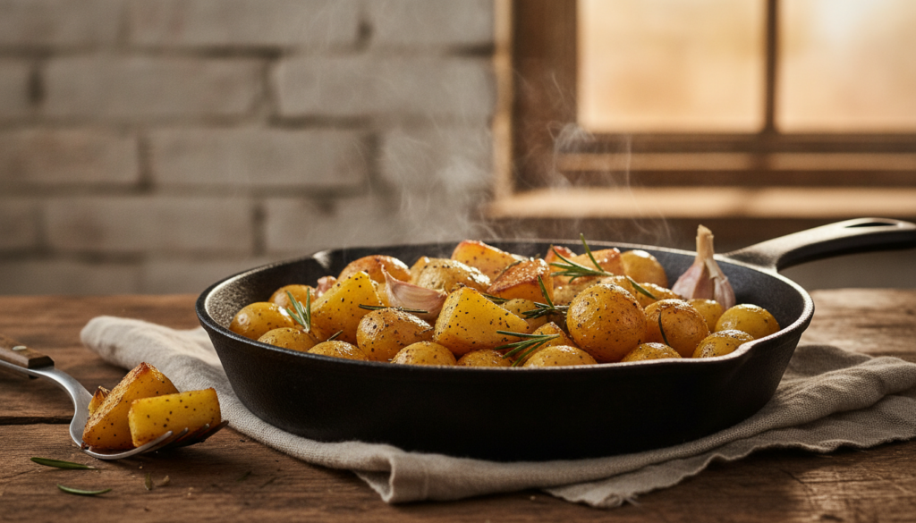 Golden-brown roasted potato cubes or small potatoes seasoned with fresh rosemary and garlic cloves in a cast-iron skille