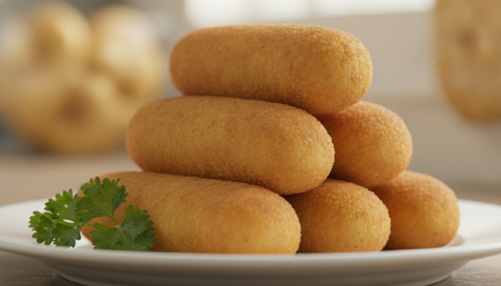 Golden-brown oval-shaped potato croquettes stacked on a white plate garnished with a sprig of fresh parsley The backgrou