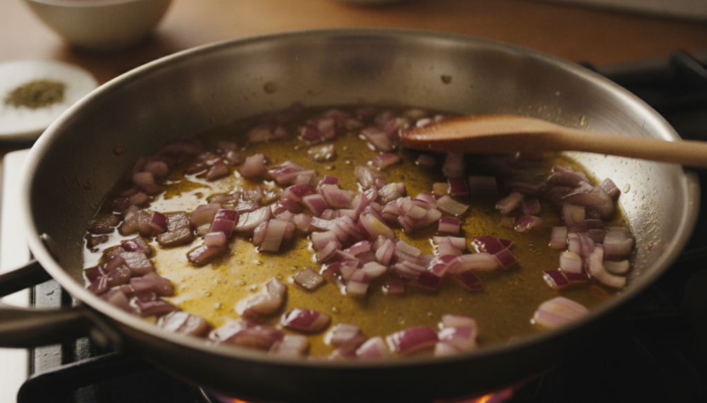 A close-up of chopped onions being gently heated in a pan with a golden carrier oil demonstrating the infusion process