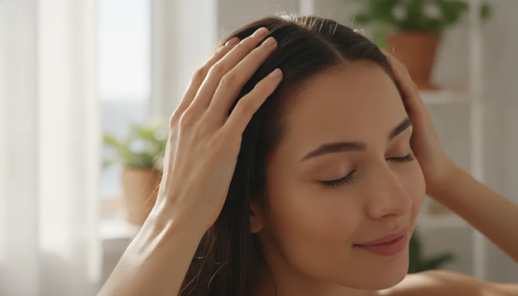 A woman gently massaging her scalp with fingertips showing an application of hair oil in a warm natural light setting