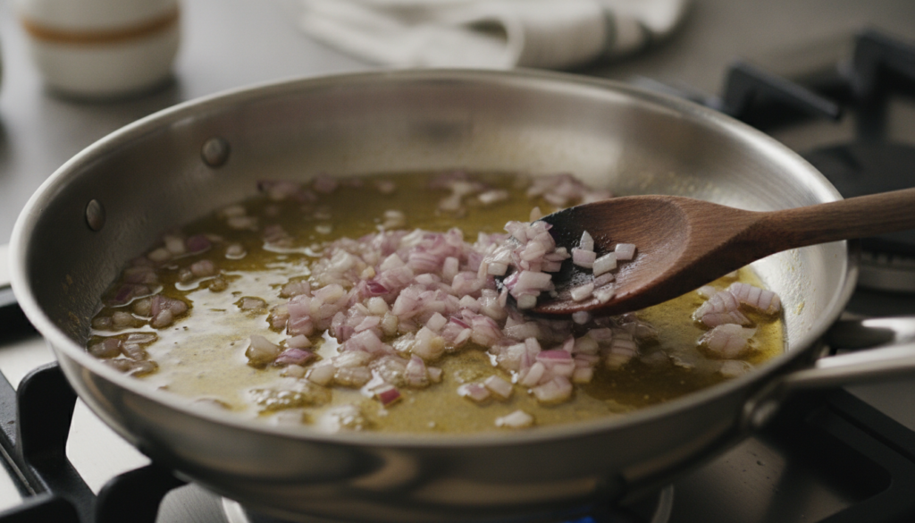 A close-up of chopped red onions infusing in warm oil in a pan on a stovetop with a wooden spoon stirring the mixture