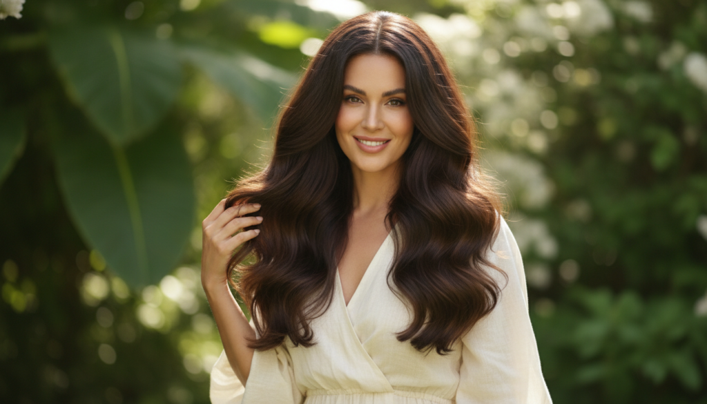 A woman with visibly healthy shiny hair smiling and gently running her fingers through her hair after using the DIY onio