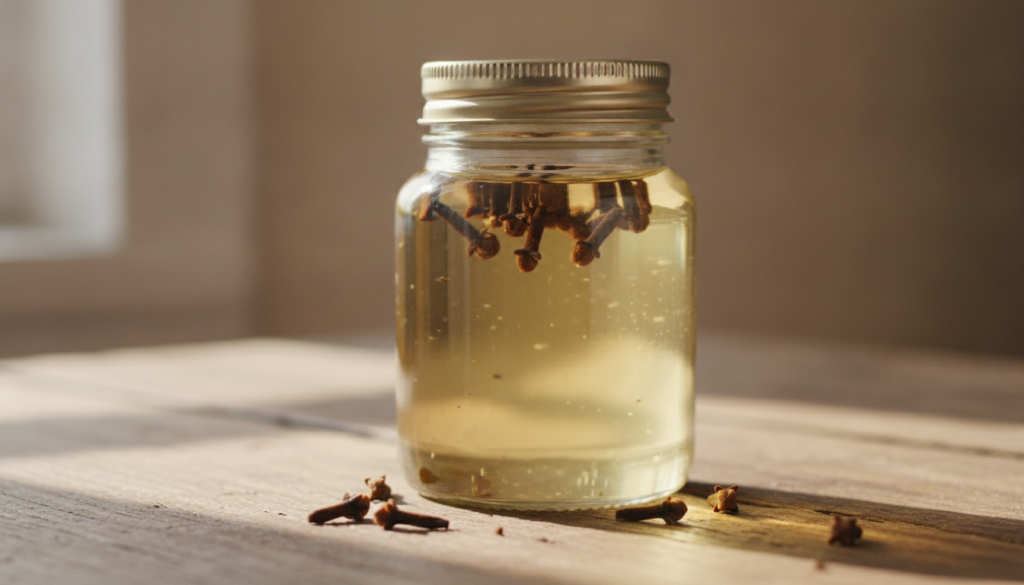 A clear glass jar filled with baby oil and whole cloves infusing sitting on a wooden surface in soft warm light
