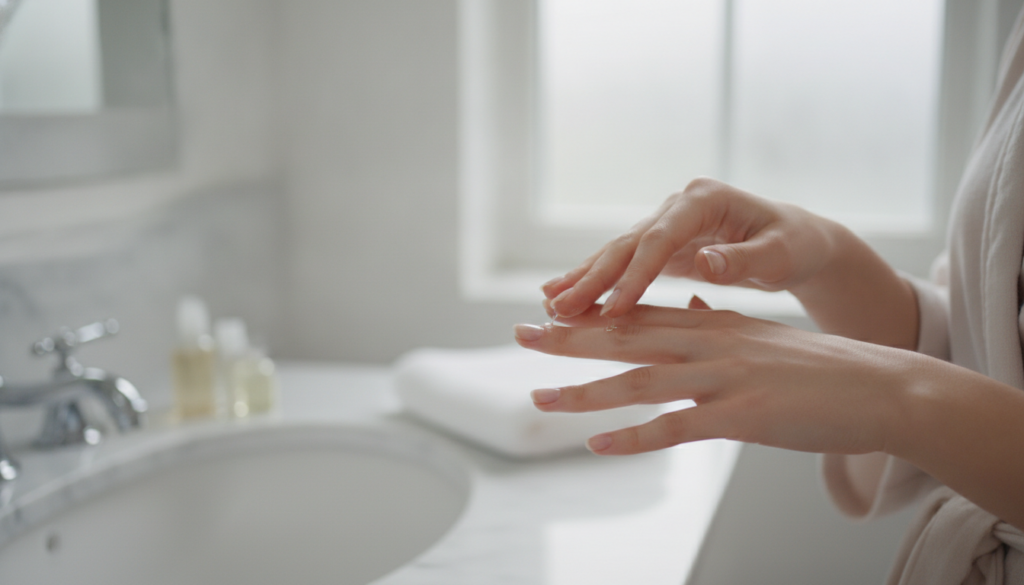 A woman gently massaging baby oil into her cuticles and nails which are slightly shiny with a soft clean towel nearby