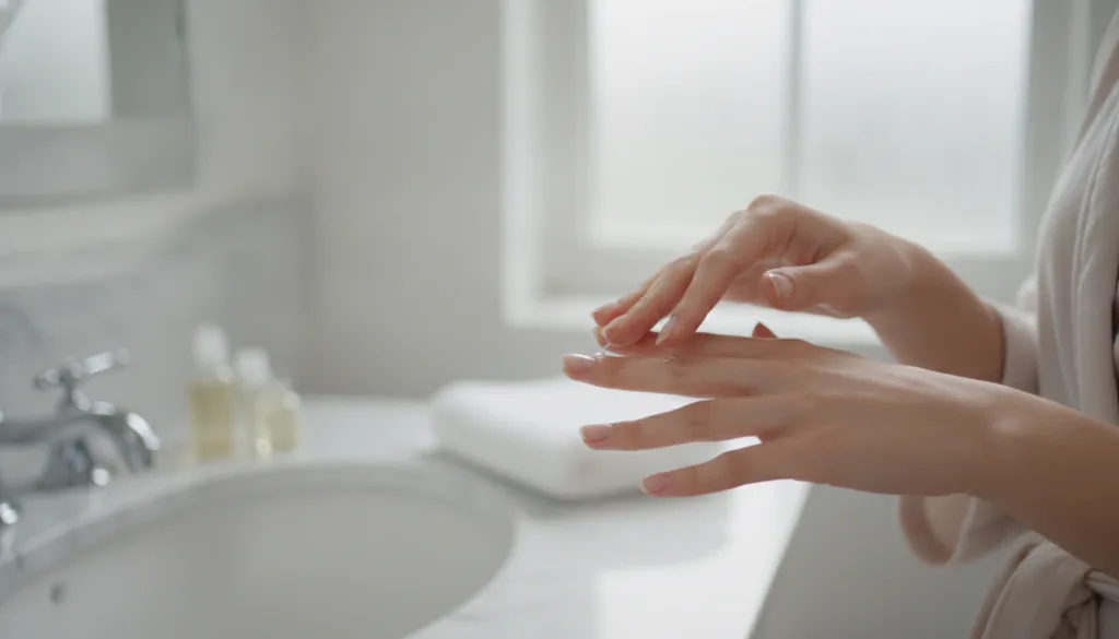 A woman gently massaging baby oil into her cuticles and nails which are slightly shiny with a soft clean towel nearby