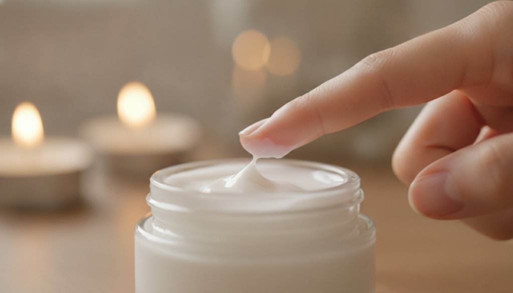 A close-up of a small glass jar filled with a creamy white homemade night gel with a fingertip gently touching the surfa