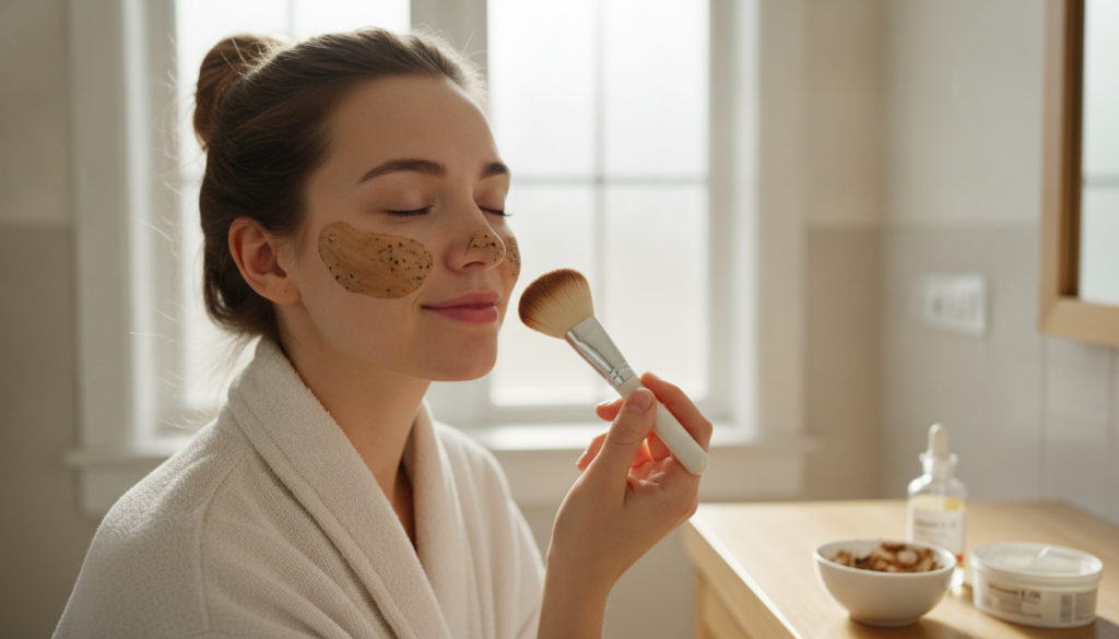 A woman gently applying a homemade coffee Vaseline and vitamin E mask to her face with a soft brush in a well-lit bathro