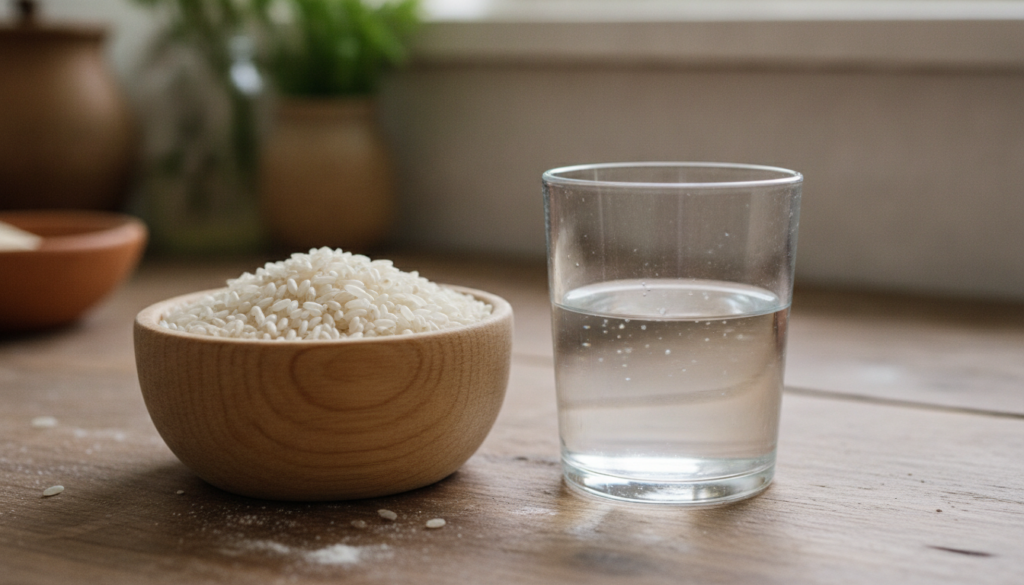 A close-up of a bowl of white rice next to a glass of filtered water on a kitchen counter ready for preparation