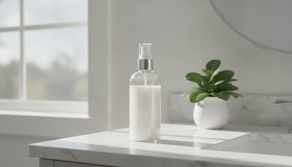 A clear glass spray bottle filled with milky white rice water standing on a bathroom counter next to a green plant illum