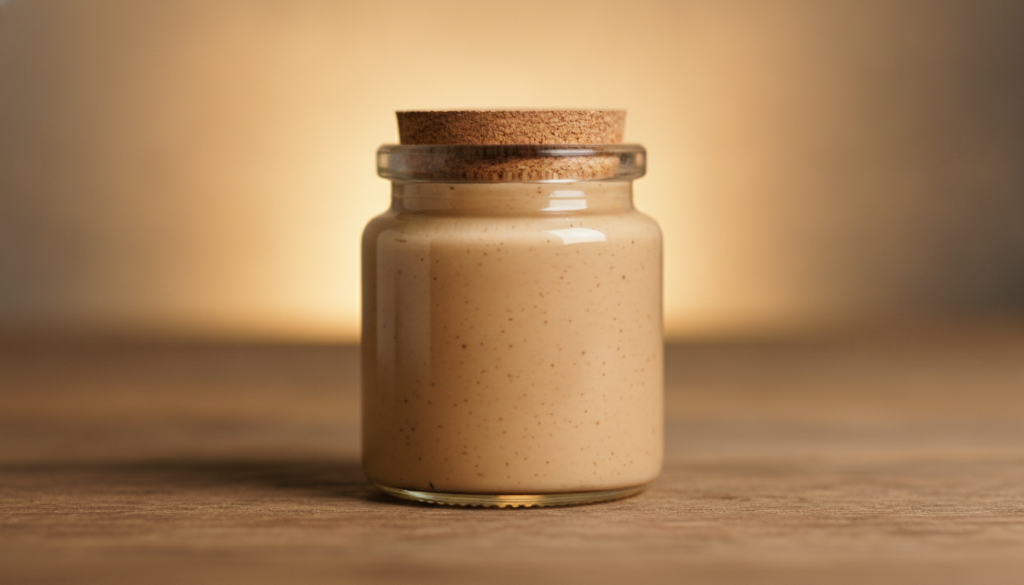 A small clean glass jar filled with a creamy light brown mixture with tiny dark flecks representing the homemade Vaselin