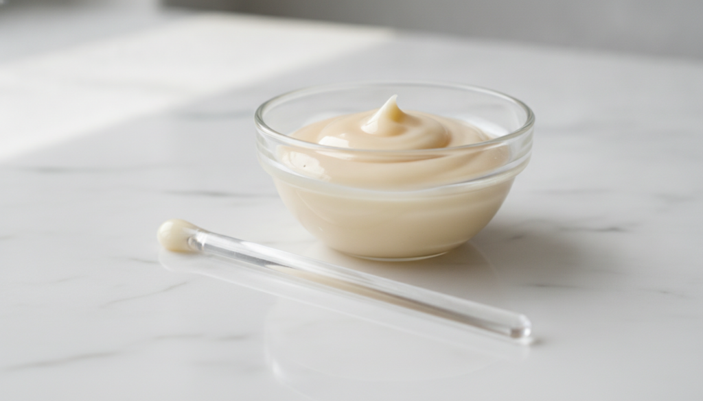 Close-up shot of a small glass bowl with a perfectly mixed smooth paste of Vaseline and honey A clean spatula or mixing 
