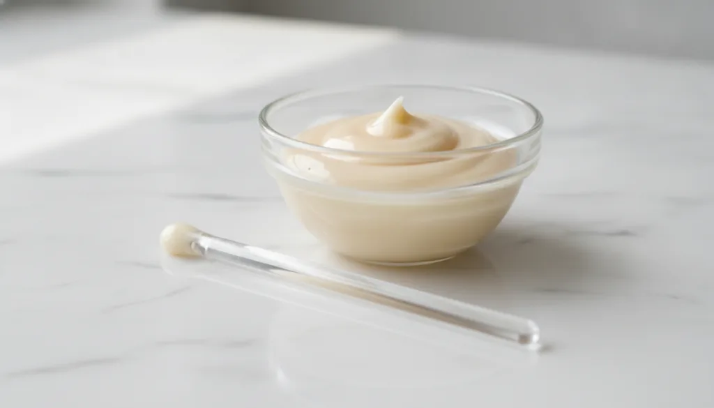 Close-up shot of a small glass bowl with a perfectly mixed smooth paste of Vaseline and honey A clean spatula or mixing 