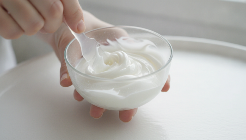 A person mixing Vaseline and alum stone powder in a small bowl with a spatula creating a smooth gel