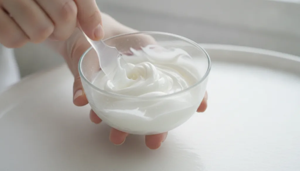 A person mixing Vaseline and alum stone powder in a small bowl with a spatula creating a smooth gel