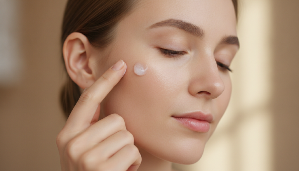 A small amount of the Vaseline and Alum Stone gel applied gently onto a woman s face demonstrating application for fine 